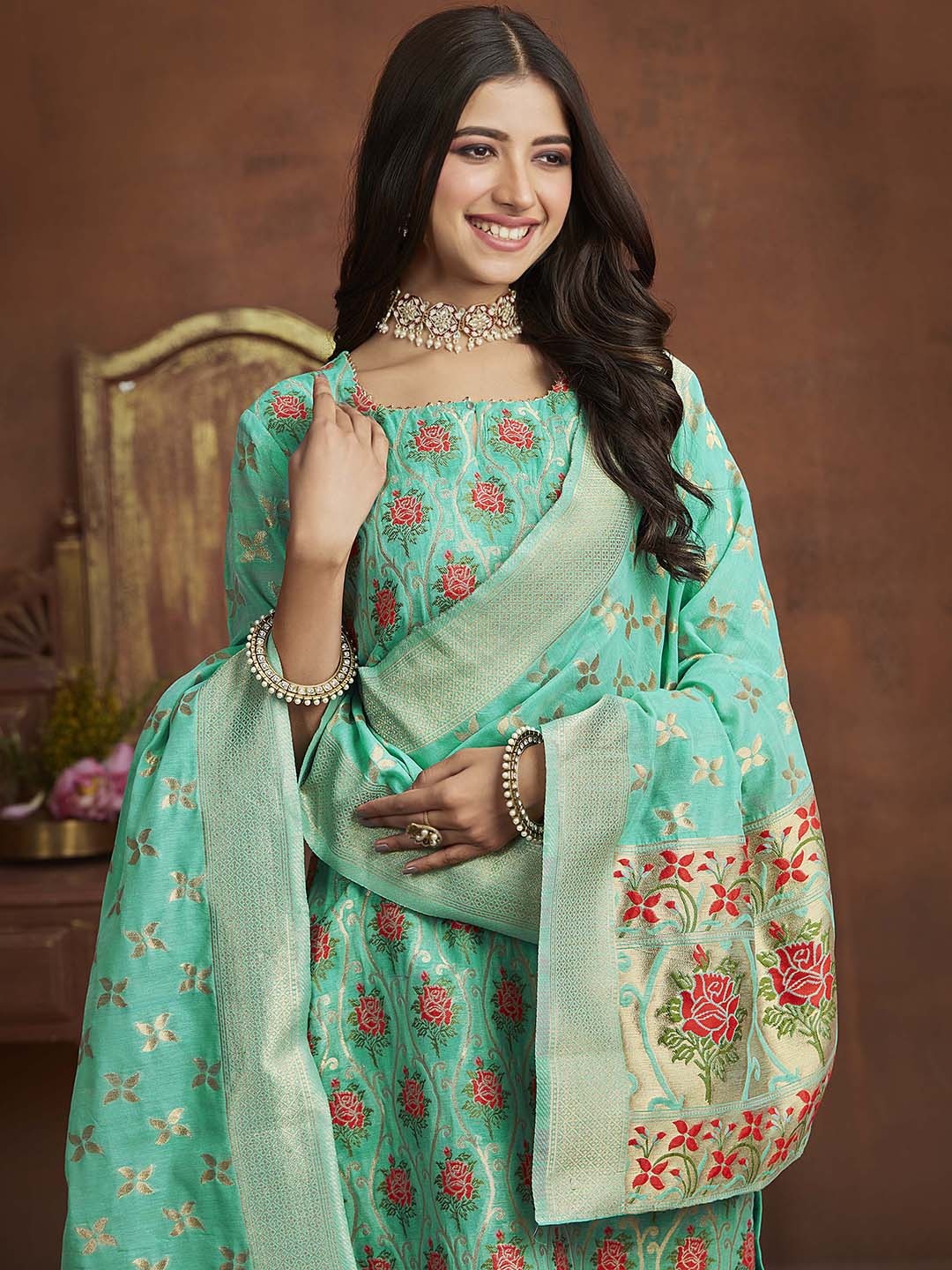 

Sangria Green Floral Woven Design Three-Quarter Sleeves Round Neck Straight Kurta Set, Sea green