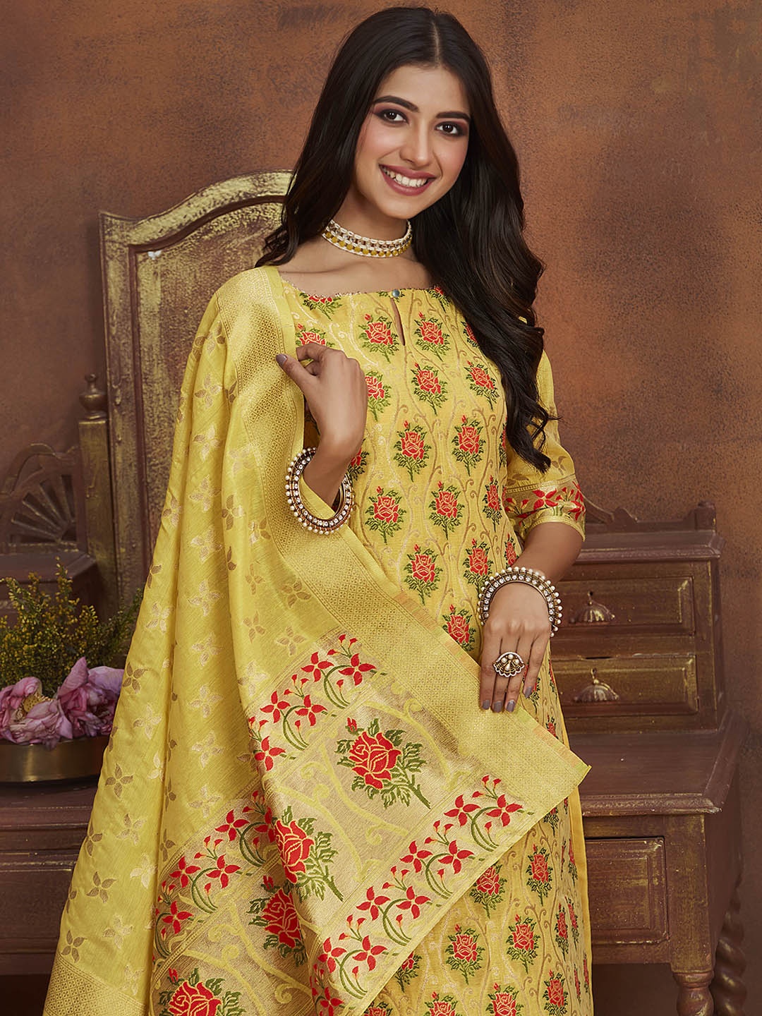 

Sangria Floral Embroidered Kurta with Trousers & Dupatta, Yellow