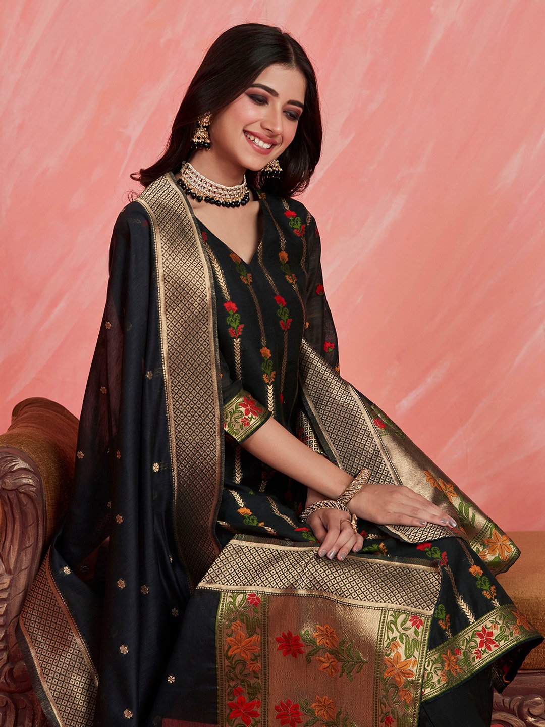 

Sangria Black Floral Woven Design Chanderi Silk V-Neck Straight Kurta Set