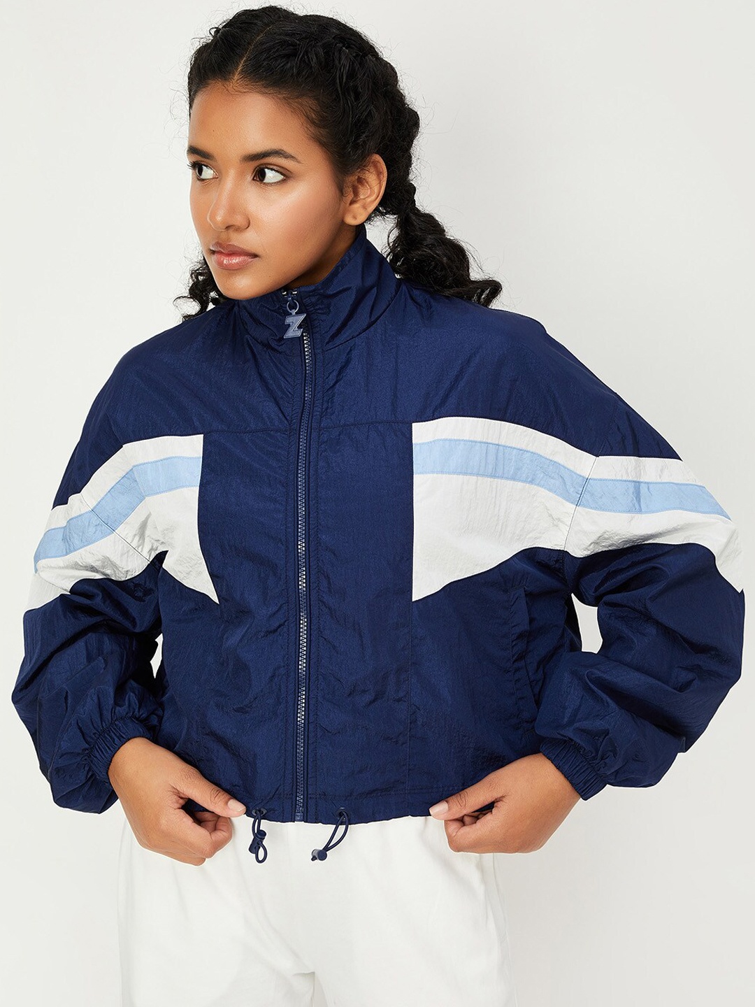 

max Colourblocked Mock Collar Bomber Jacket, Navy blue