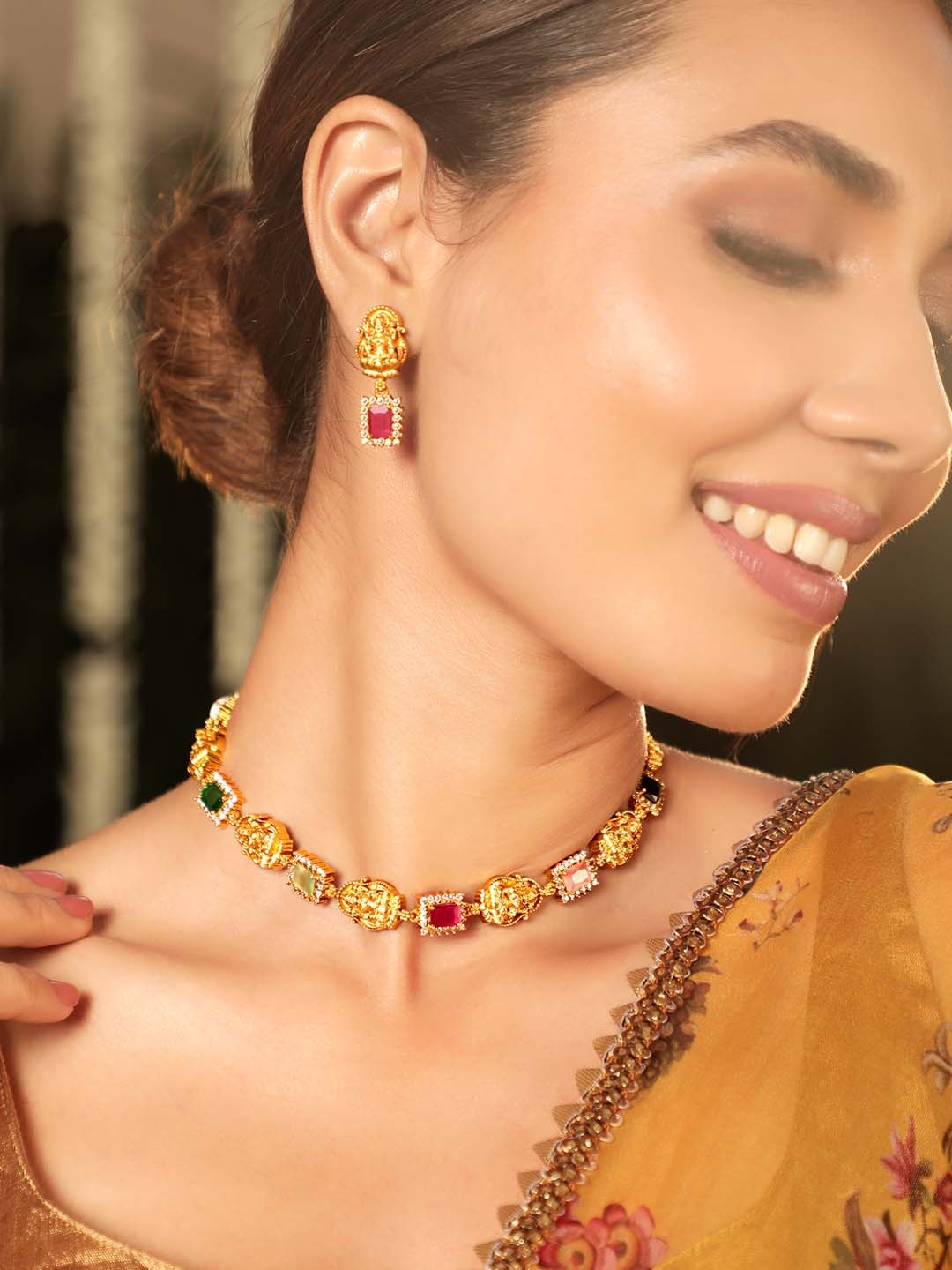 

Rubans 22K Gold-Plated Handcrafted Goddess Motif Navratna Temple Necklace Set