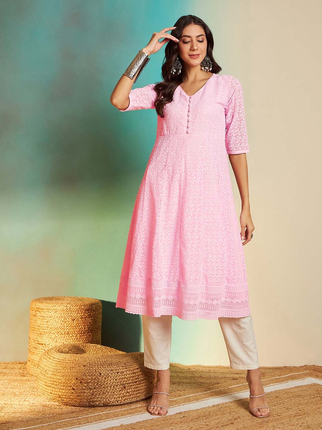 

Sangria Embroidered A Line Kurtas, Pink