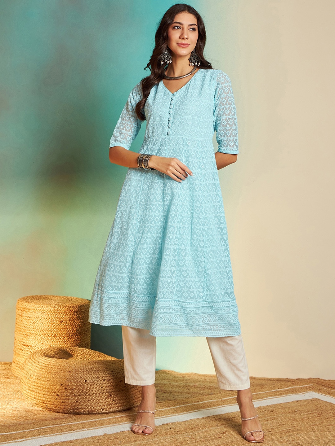

Sangria Ethnic Motifs Heavy Embroidered A-Line Kurta, Blue