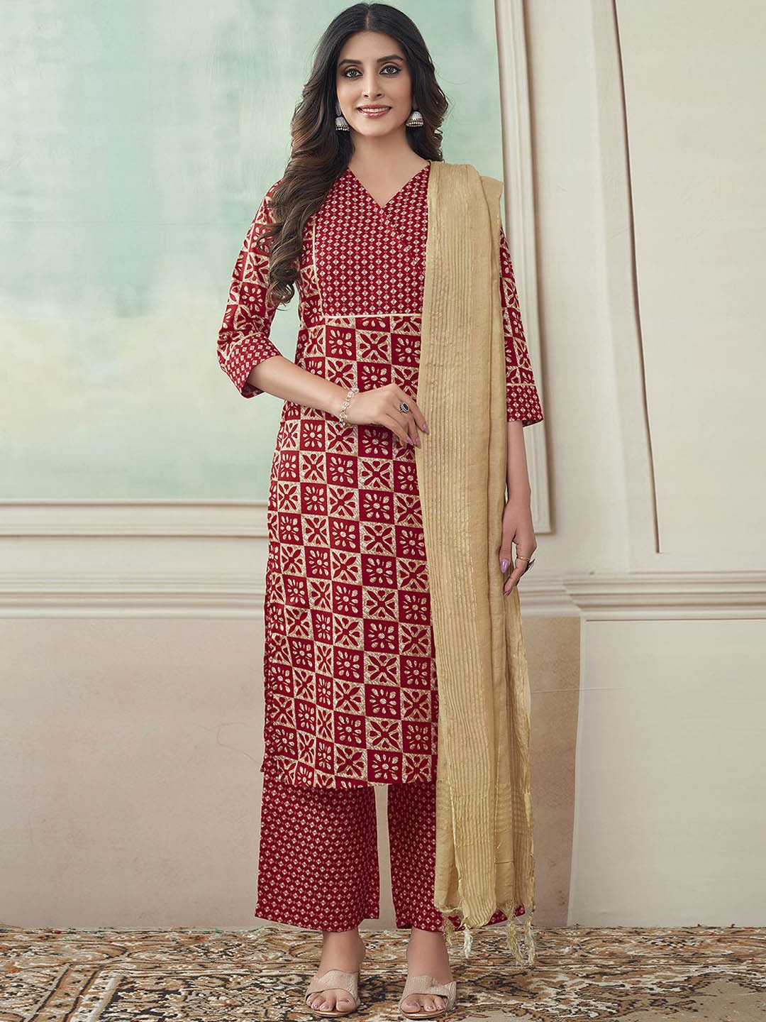 

KALINI Geometric Printed Regular Straight Kurta With Palazzos & Dupatta, Red