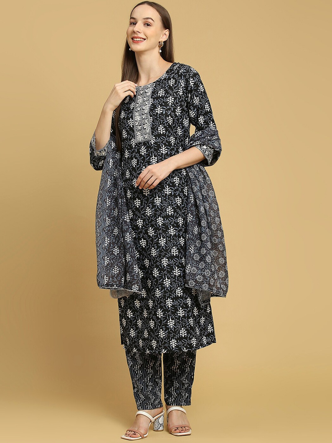 

KALINI Floral Printed Round Neck Straight Kurta With Trousers & Dupatta, Black