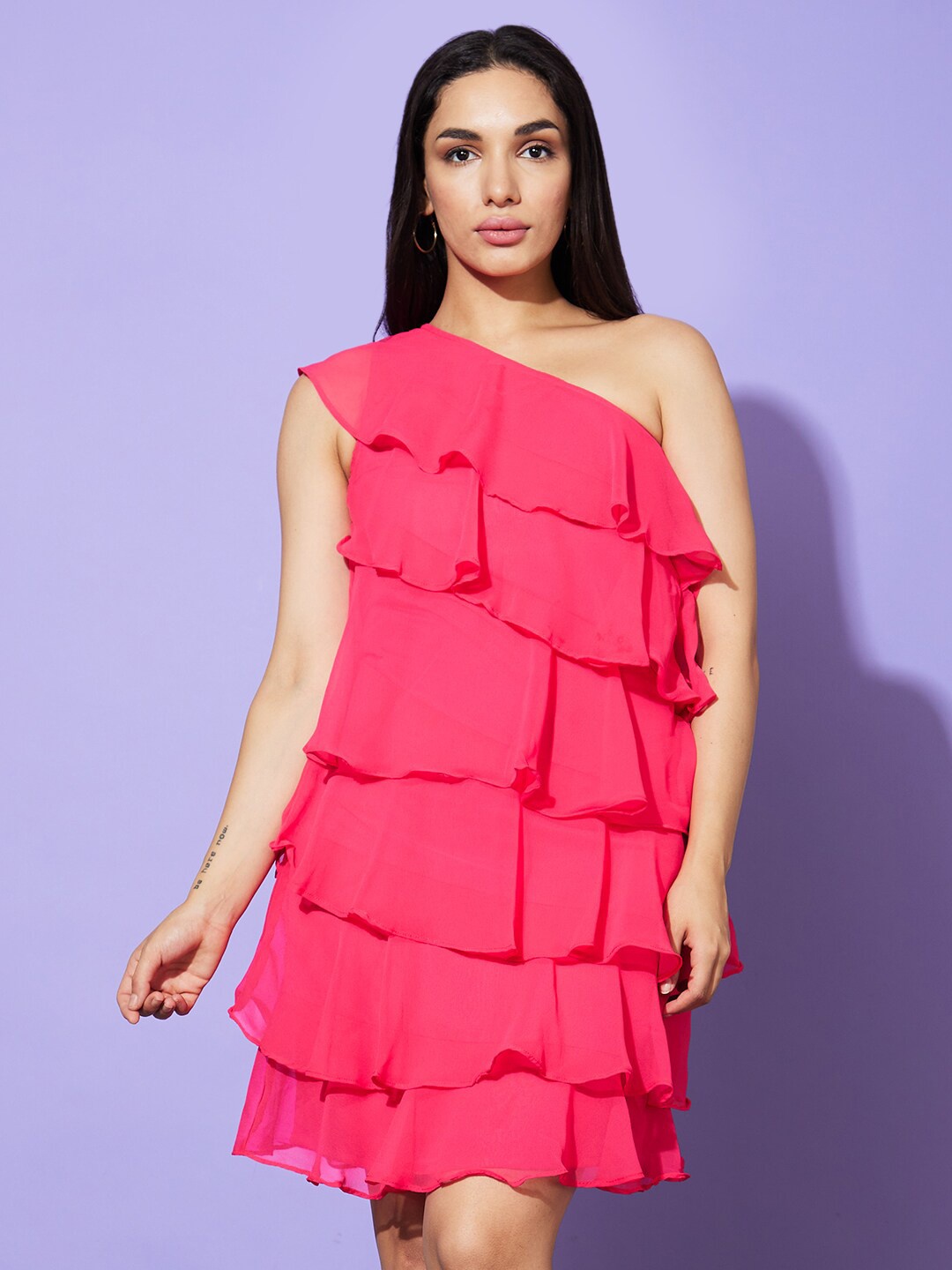 

Globus Pink Layered One Shoulder Chiffon A-Line Dress