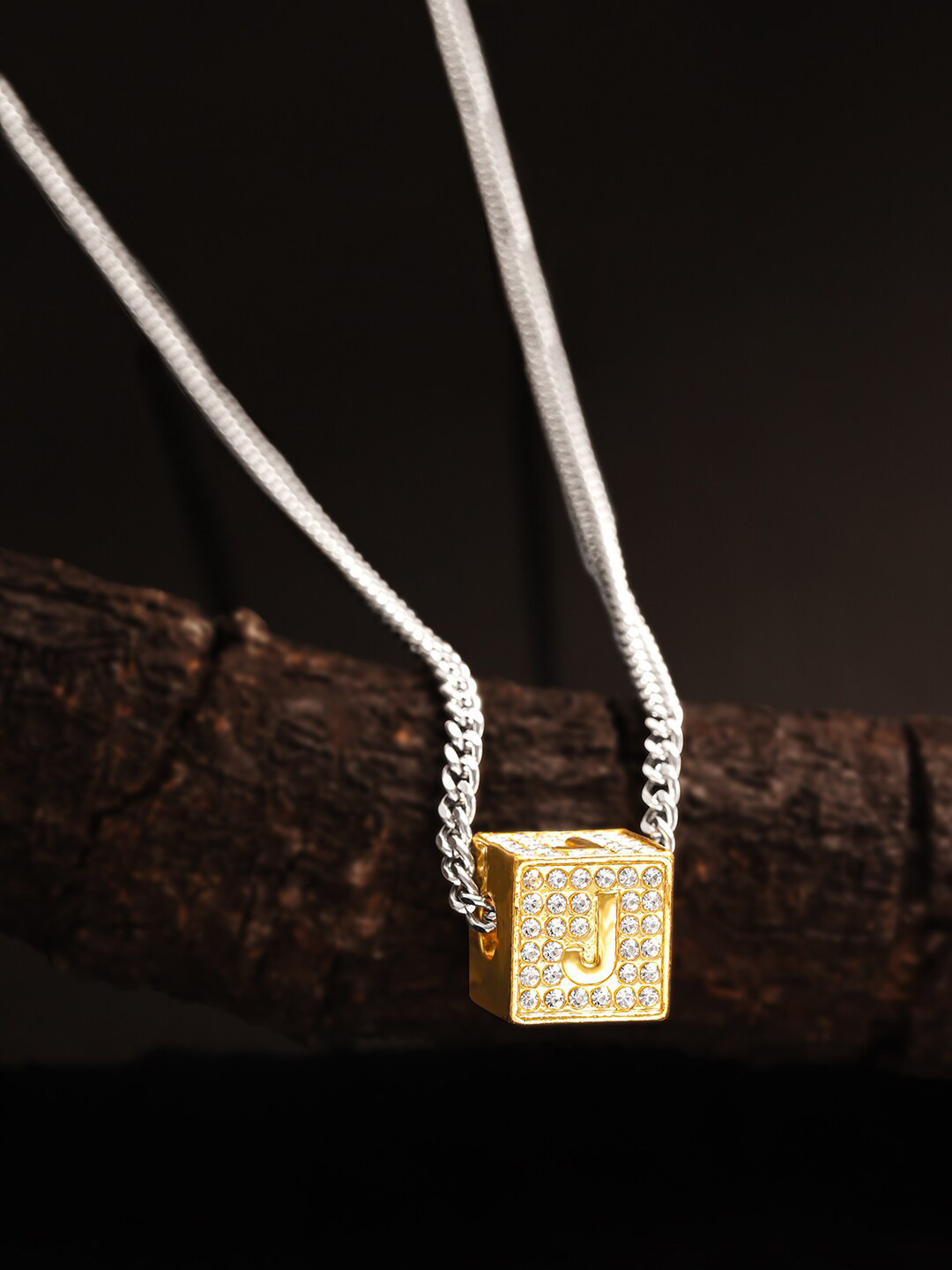 

The Roadster Lifestyle Co. Men 'J' Letter Square Pendant with Chain, Silver