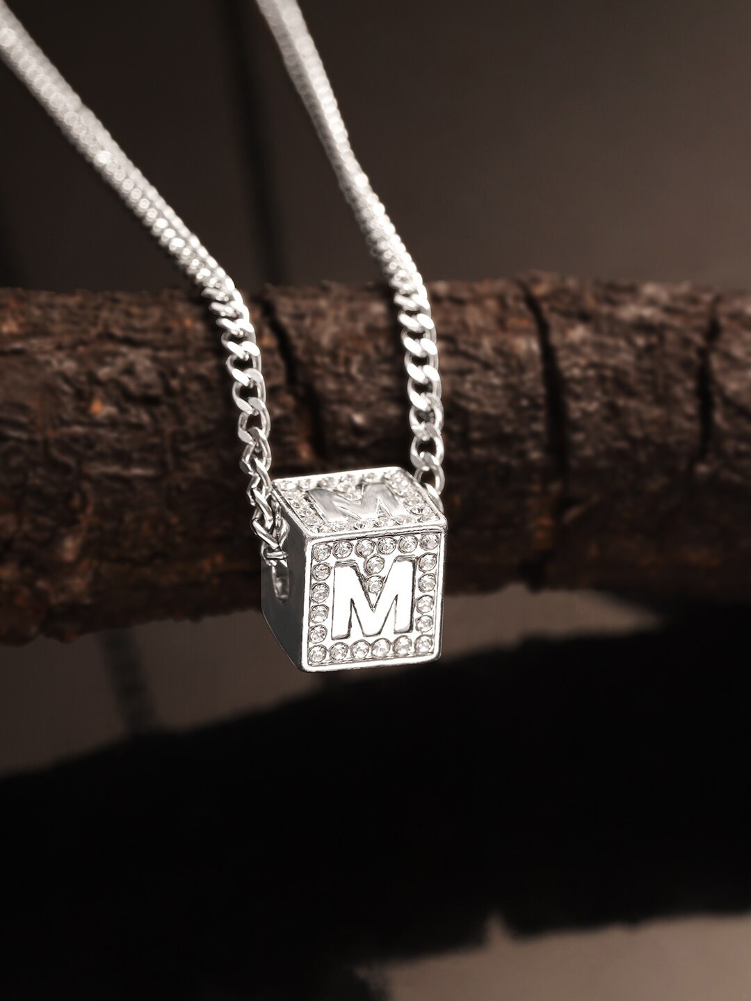 

The Roadster Lifestyle Co. Dazzling Initials Men M Letter Square Pendants with Chains, Silver