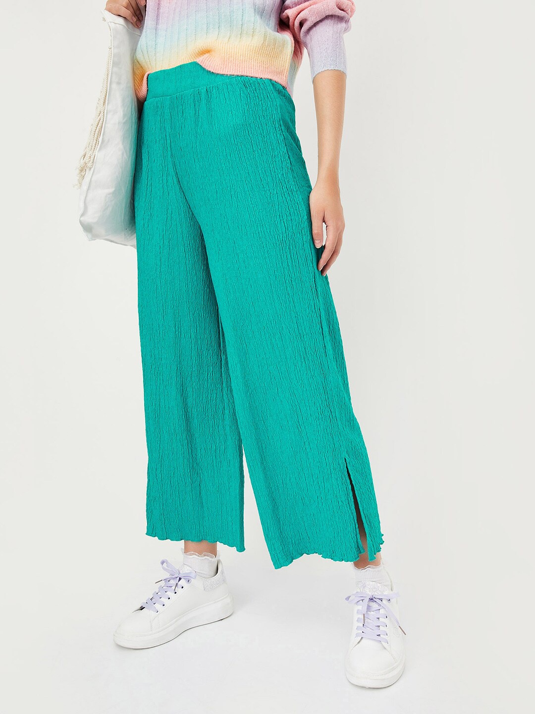 

max Self Design Wide Leg Palazzos, Blue