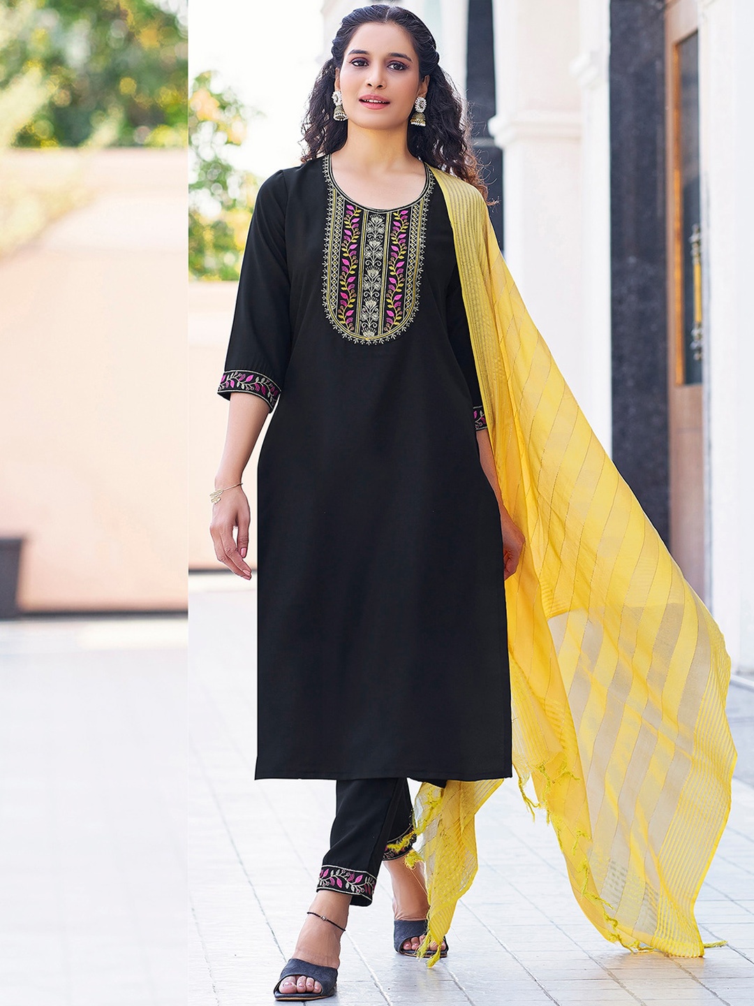 

KALINI Floral Embroidered Round Neck Thread Work Straight Kurta with Trousers & Dupatta, Black