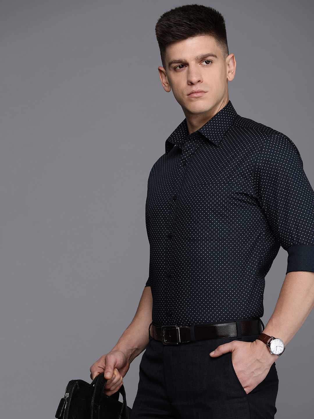 

Raymond Pure Cotton Slim Fit Opaque Micro Ditsy Printed Formal Shirt, Navy blue