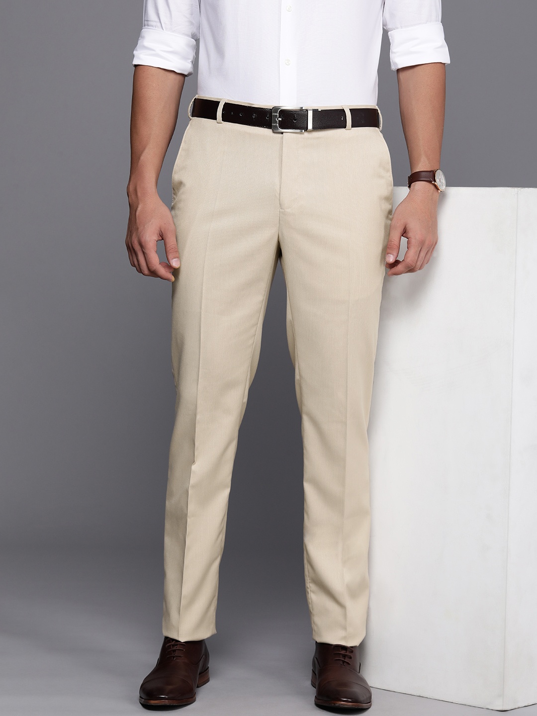 

Raymond Men Textured Slim Fit Formal Trousers, Beige