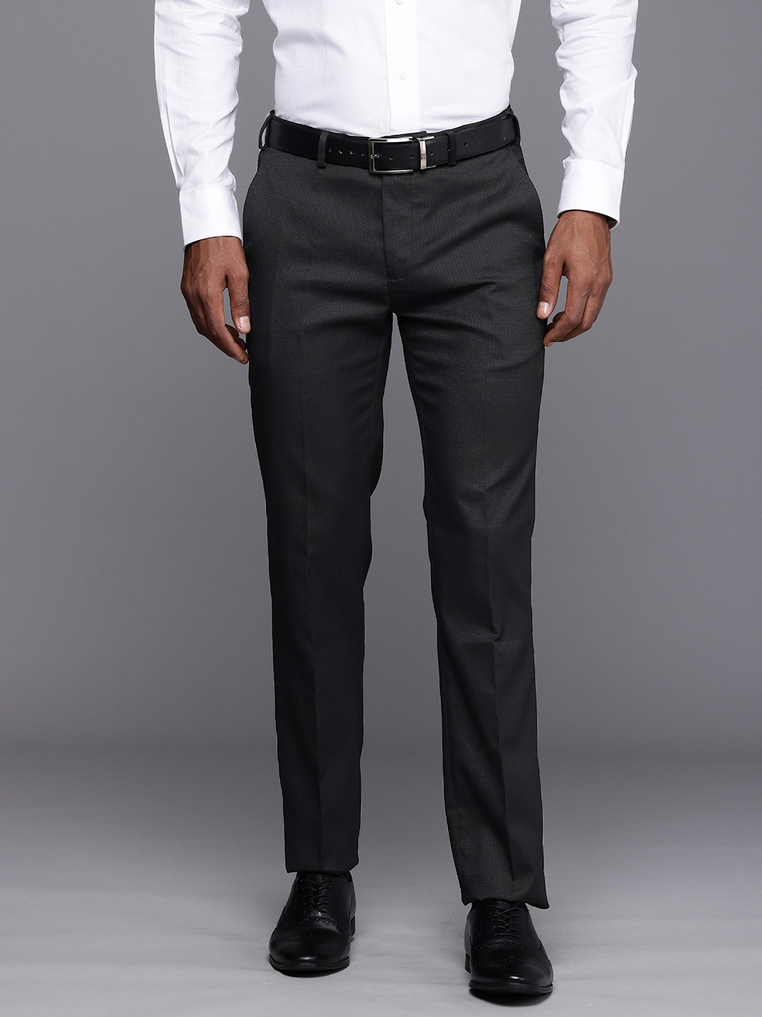 

Raymond Men Checked Slim Fit Formal Trousers, Black