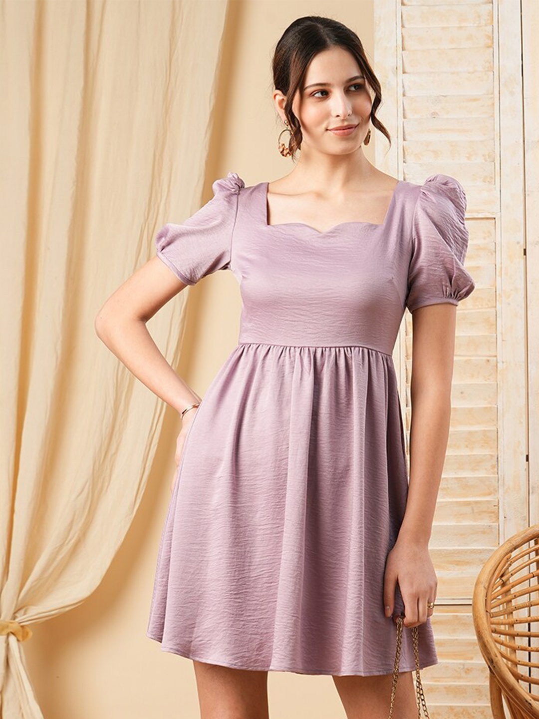 

MISH Puff Sleeve Square Neck Satin Fit & Flare Dress, Mauve