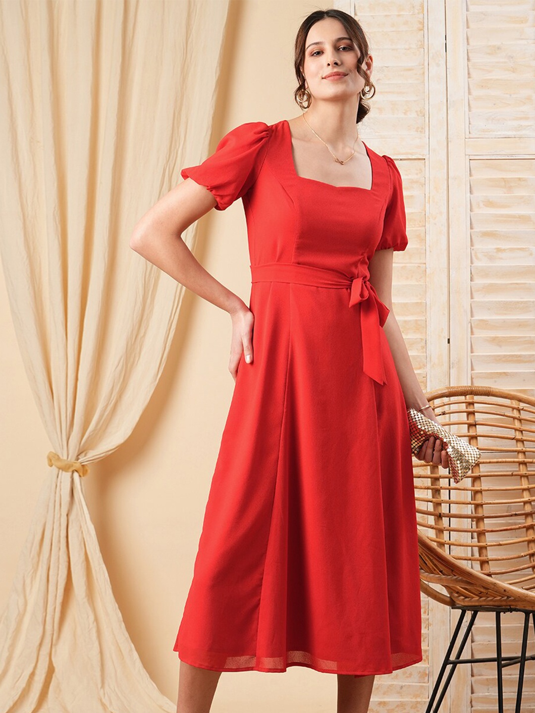 

MISH Puff Sleeve Square Neck Georgette A-Line Midi Dress, Red