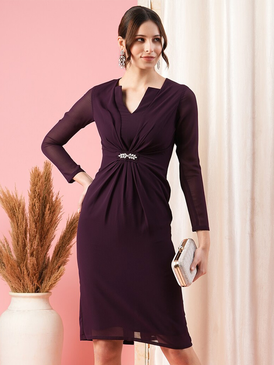 

MISH Long Sleeves V-Neck Georgette Sheath Dress, Purple