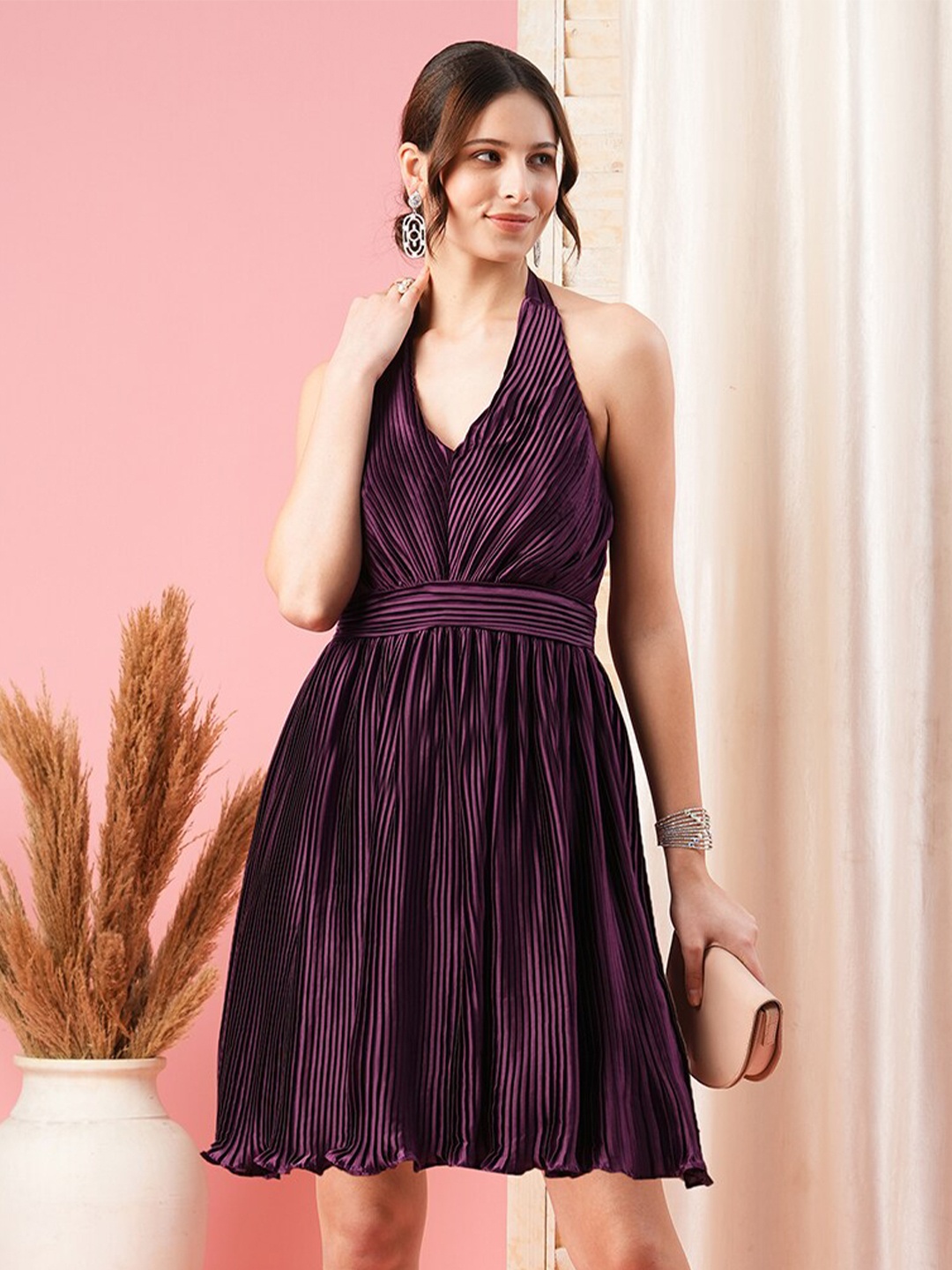 

MISH Halter Neck Satin Fit & Flare Dress, Purple