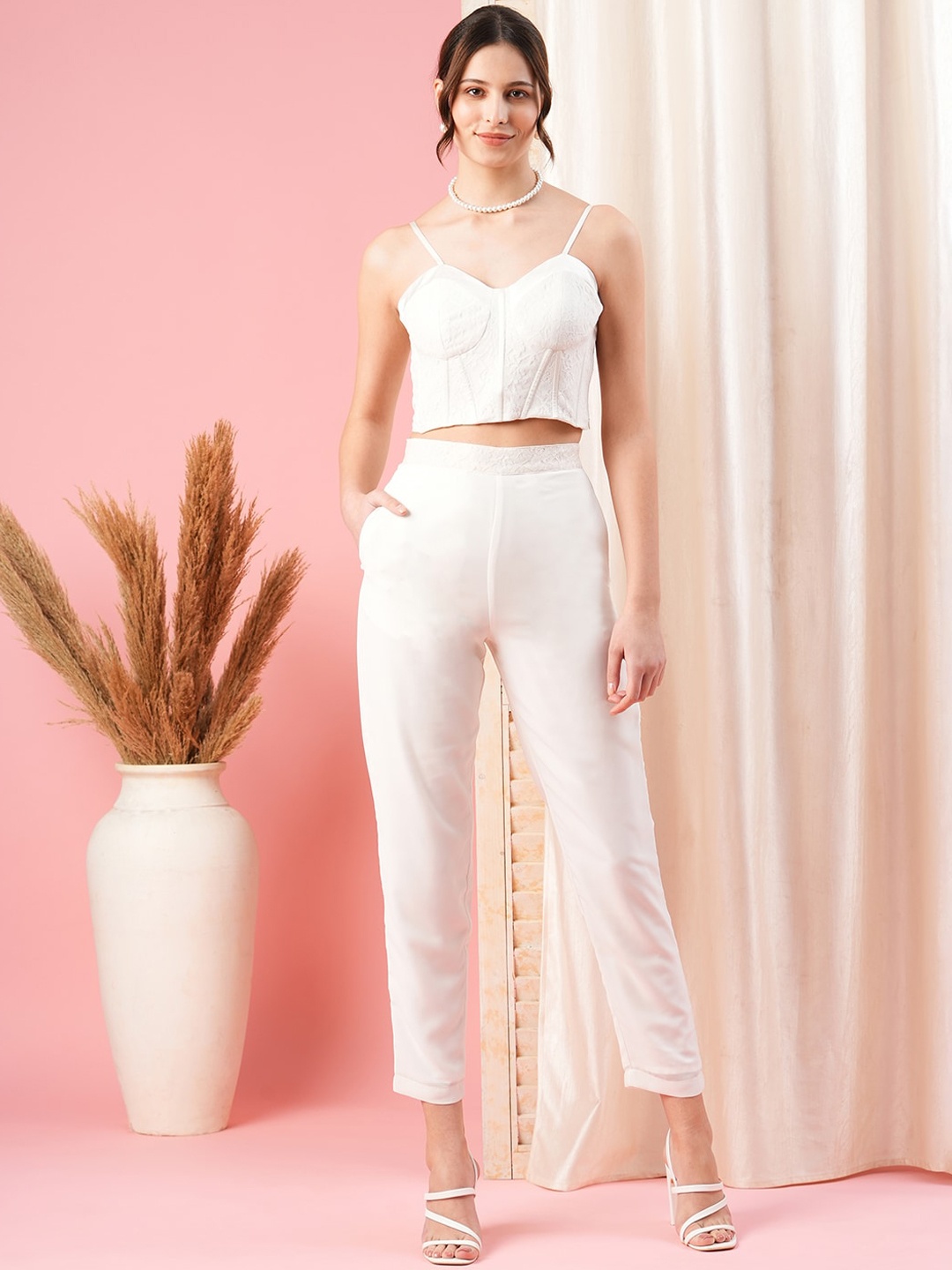 

MISH White Self Design Shoulder Straps Top With Trousers