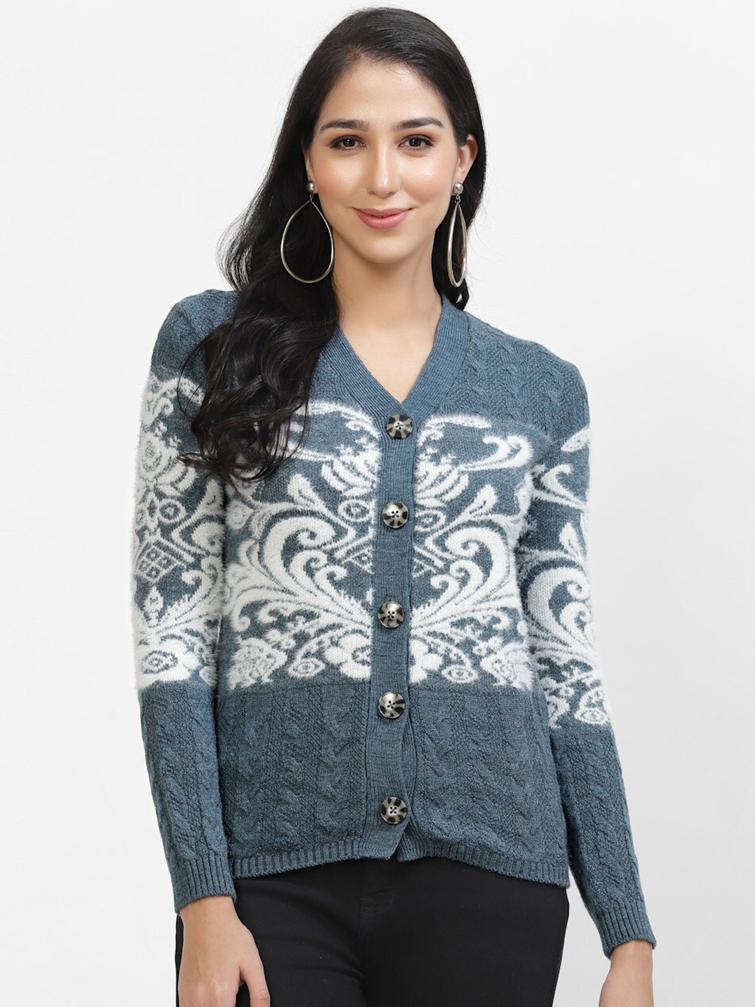 

Kalt Ethnic Motifs V-Neck Acrylic Cardigan, Blue
