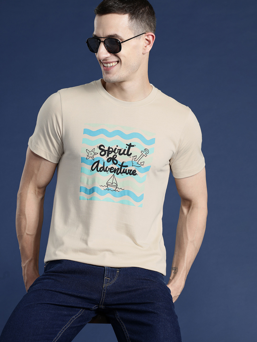 

Mast & Harbour Men Printed T-shirt, Beige