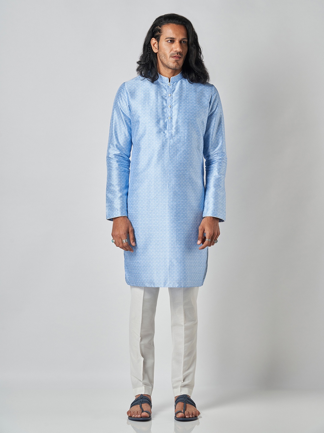 

Bubber Blu Benito Geometric Printed Mandarin Collar Straight Kurta, Blue