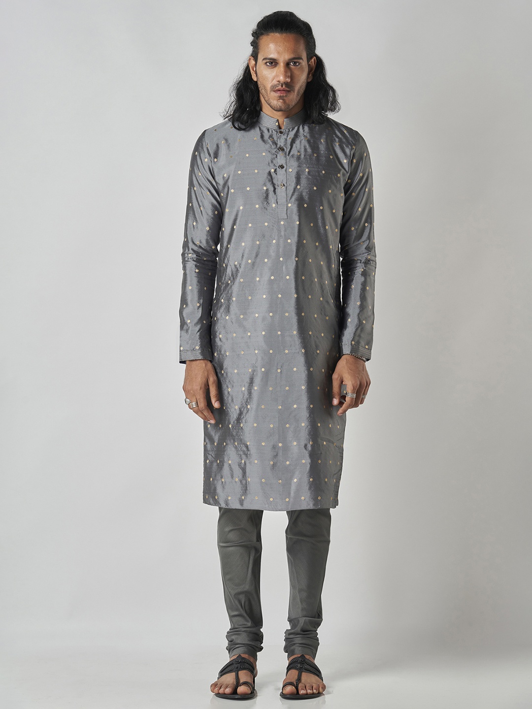 

Bubber Blu Vasco Ethnic Motifs Embroidered Brocade Weave Straight Kurta, Grey