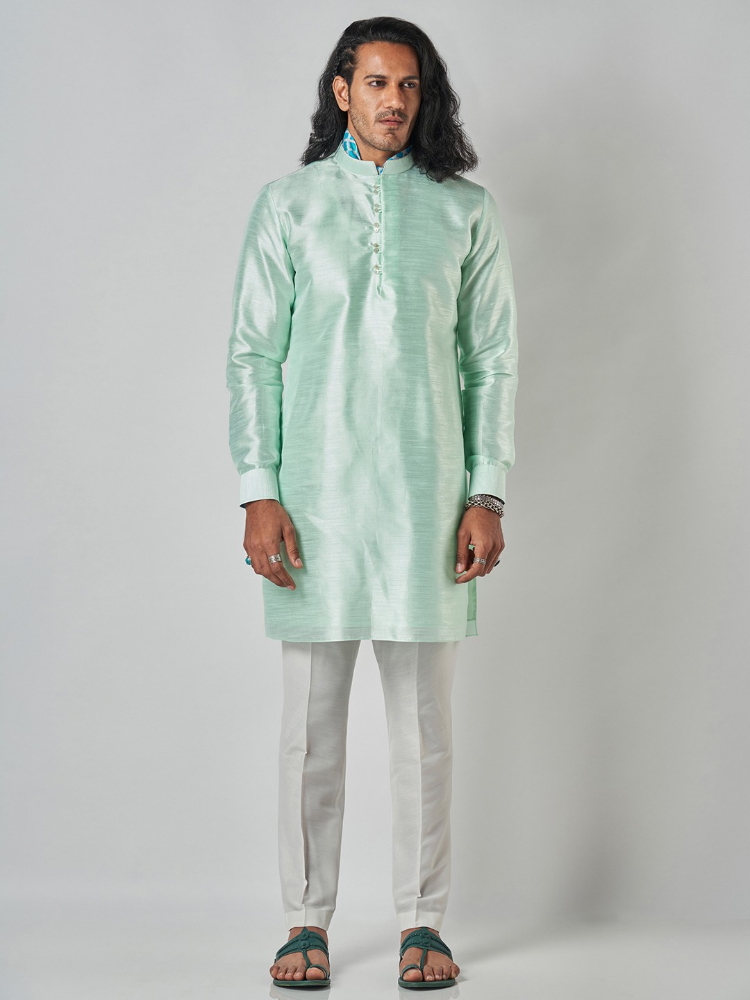 

Bubber Blu Mandarin Collar Raw Silk Straight Kurta, Green