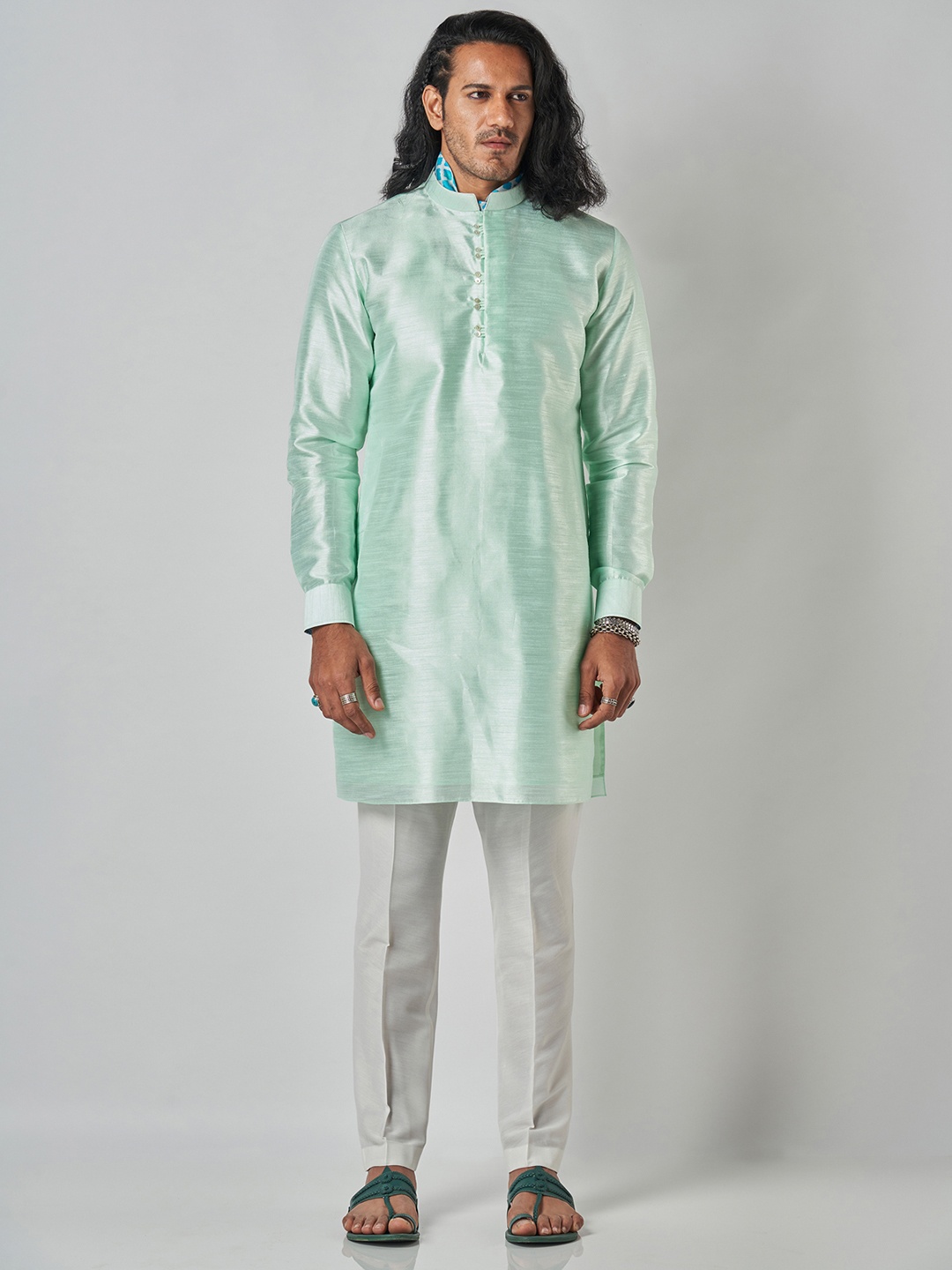 

Bubber Blu Mandarin Collar Raw Silk Straight Kurta, Green