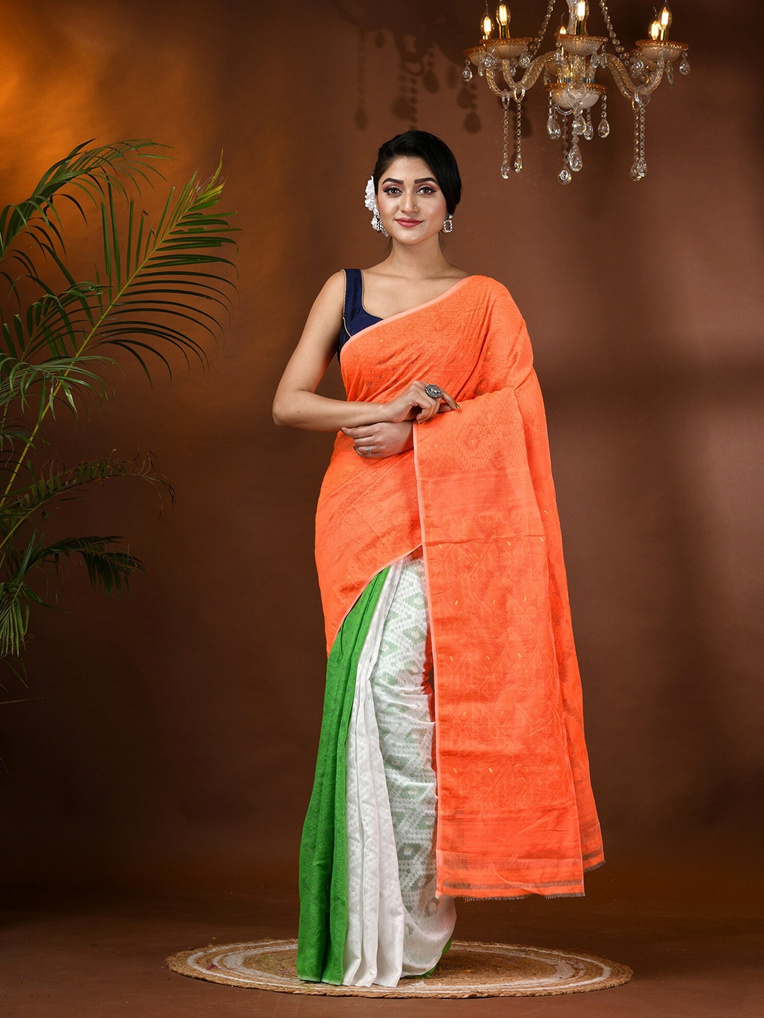 

DESH BIDESH Ethnic Motifs Woven Design Pure Cotton Jamdani Saree, Orange