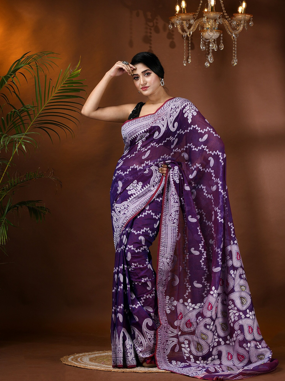 

DESH BIDESH Paisley Woven Design Jamdani Saree, Lavender