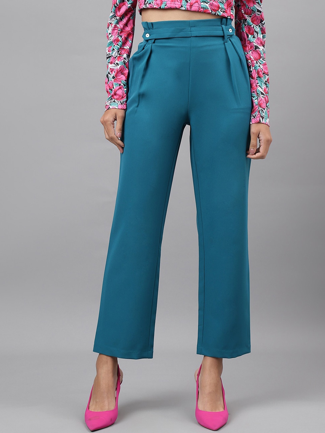 

Latin Quarters Women Relaxed Slim Fit Easy Wash Pleated Parallel Trousers, Turquoise blue