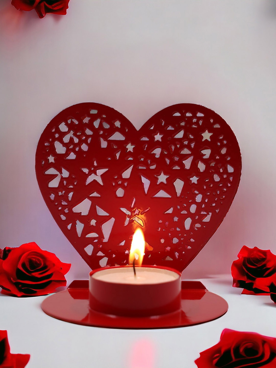 

HOSLEY Red 3 Pieces Metal Heart Shape Tealight Holder With Tealights Valentine Gift Set