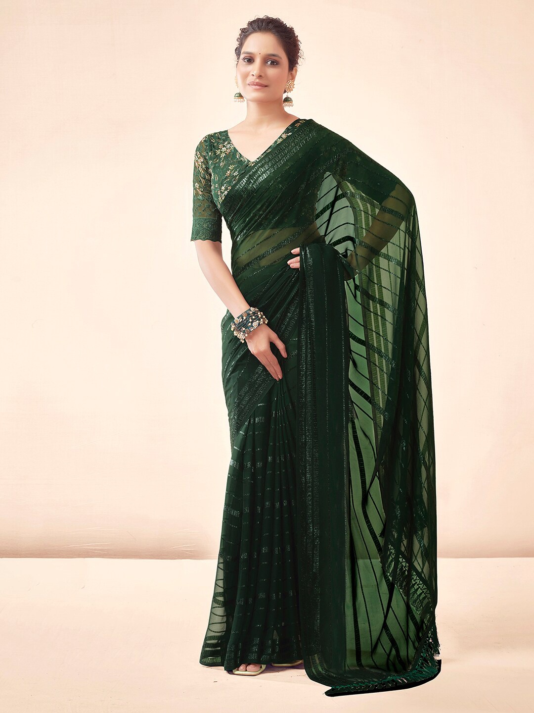 

Satrani Striped Zari Saree, Green