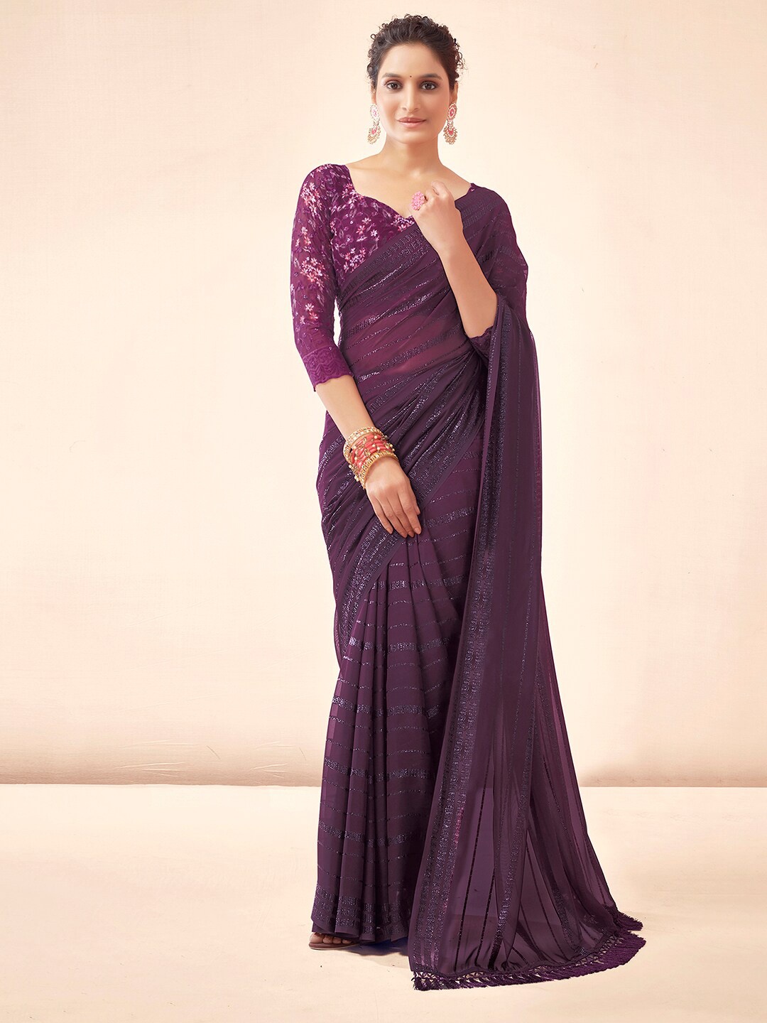 

Satrani Striped Zari Saree, Purple