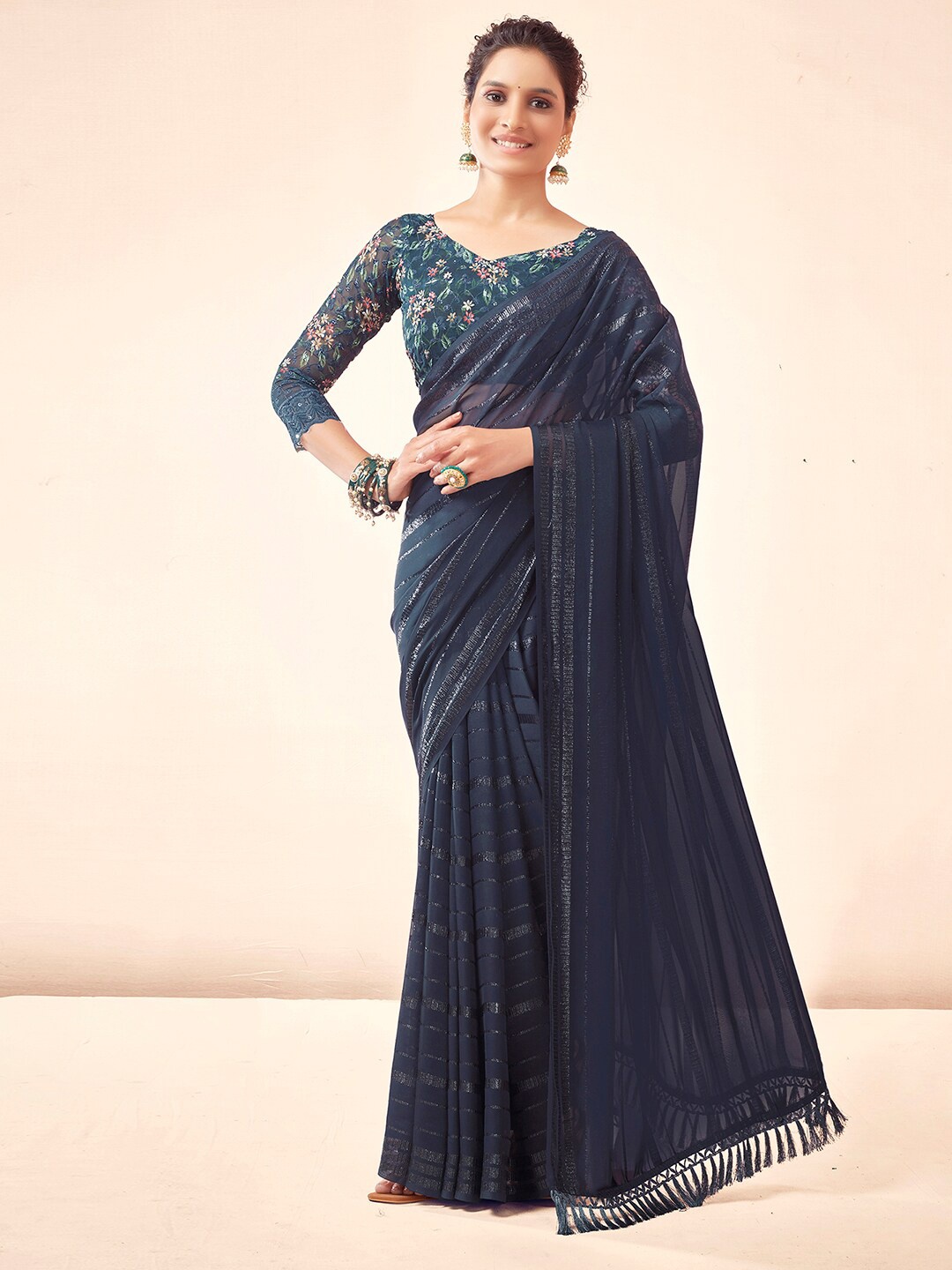 

Satrani Striped Zari Saree, Grey