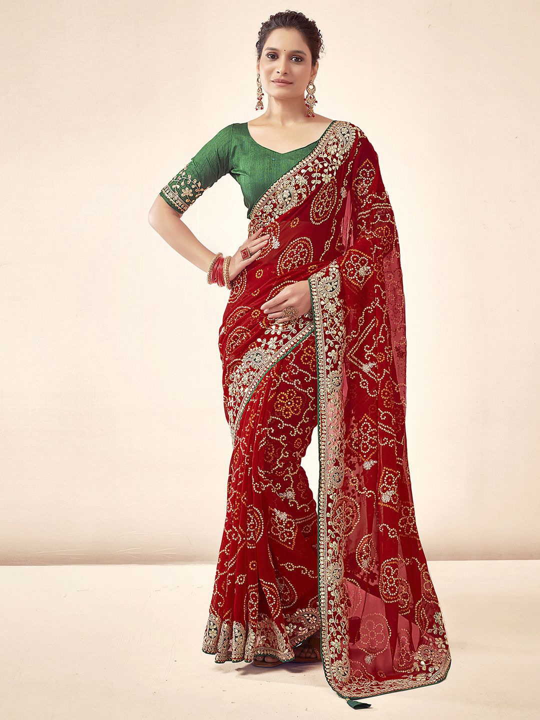 

Satrani Ethnic Motifs Gotta Patti Saree, Red