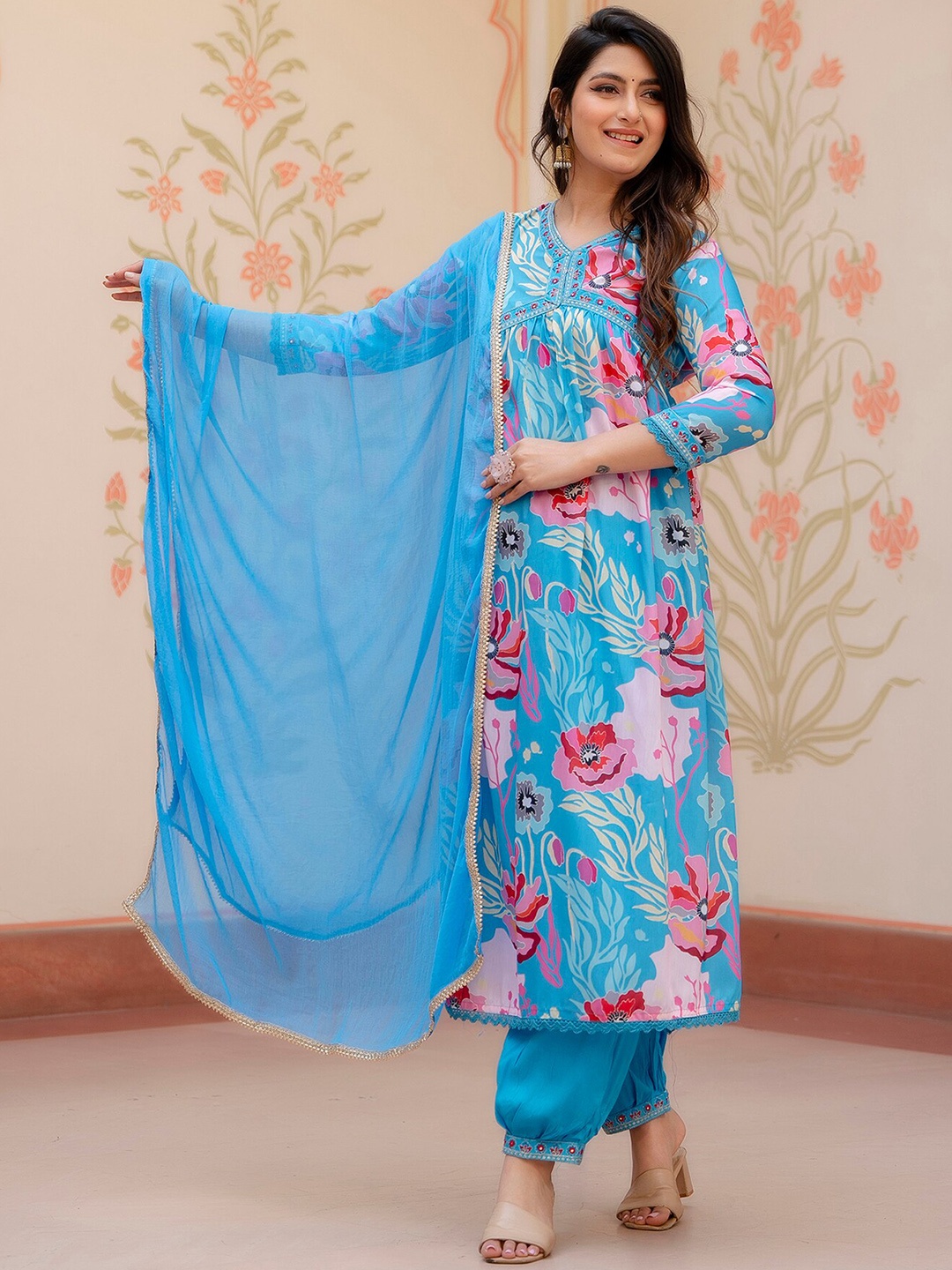 

Prakhya Floral Embroidered Empire Mirror Work Pure Cotton Kurta with Palazzos & Dupatta, Blue