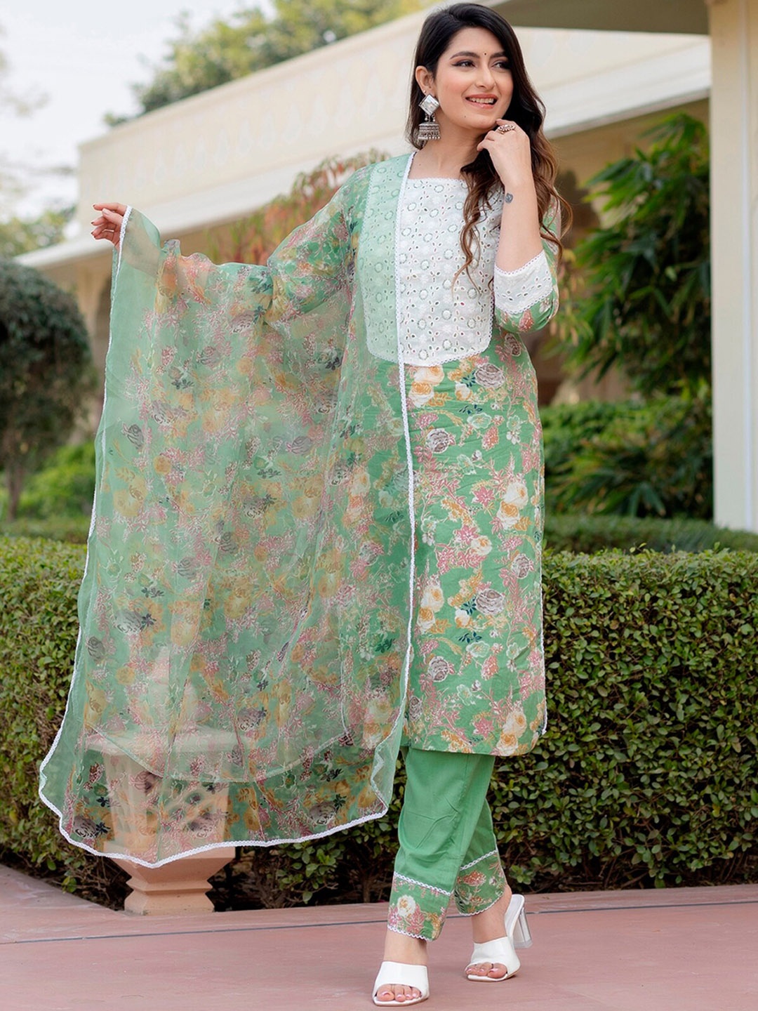 

Prakhya Floral Printed Pure Cotton Straight Kurta With Trouser & Dupatta, Green
