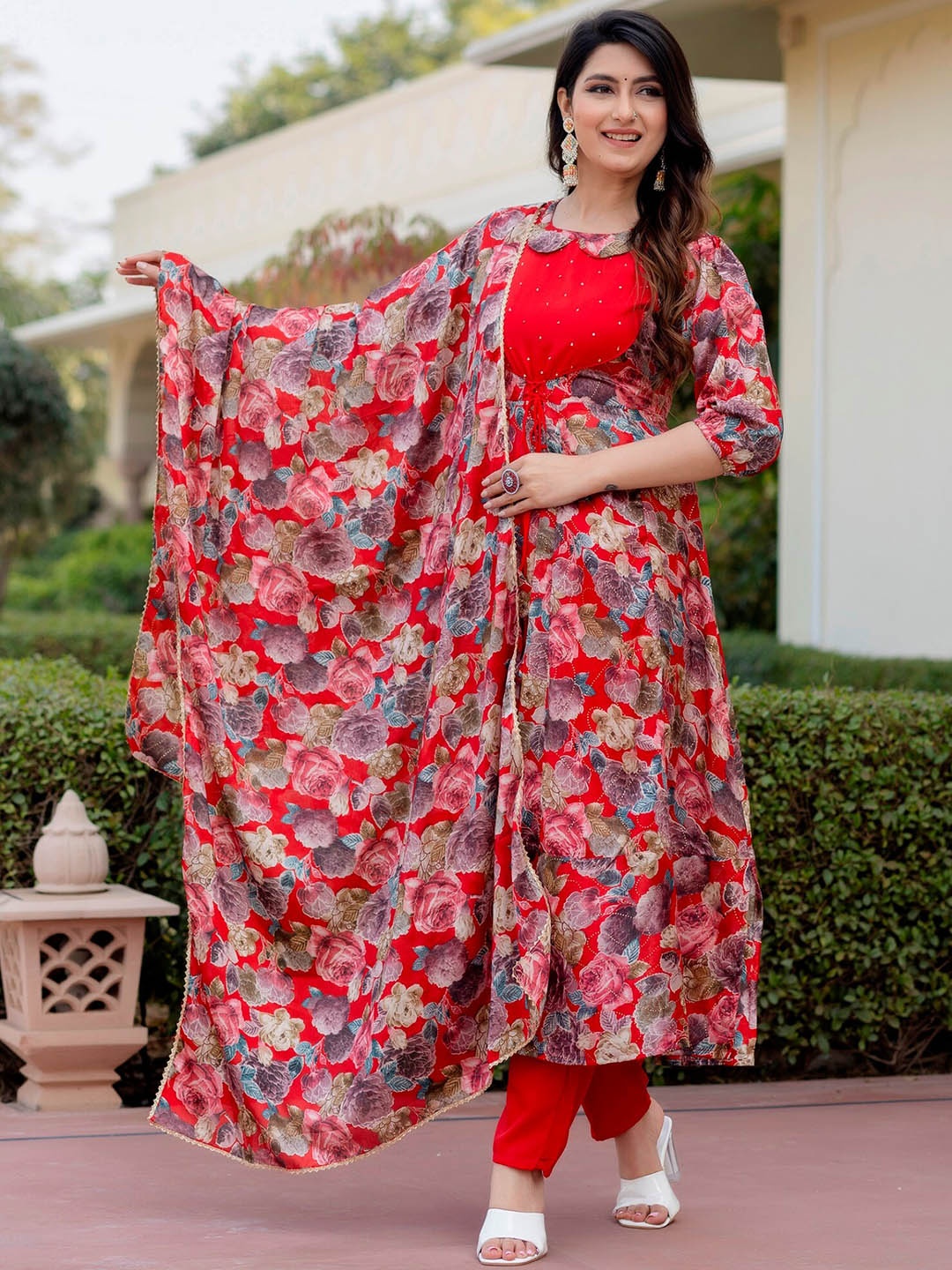 

Prakhya Floral Printed Pater Pan Collar Anarkali Kurta With Trouser & Dupatta, Red