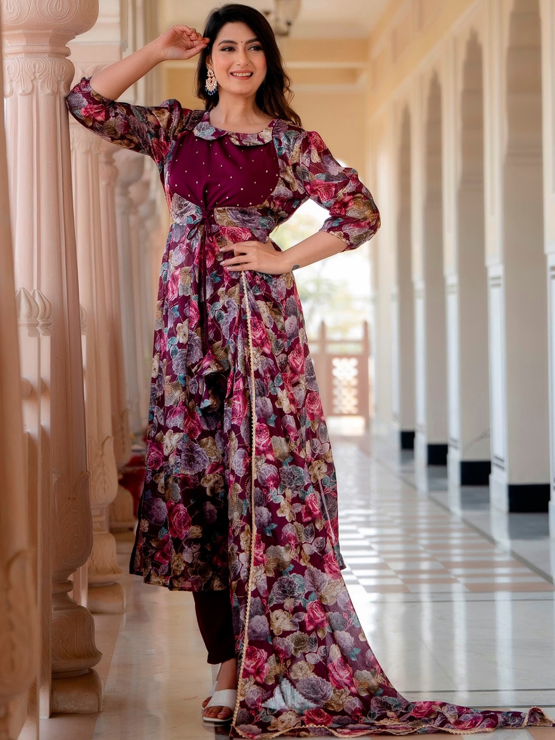 

Prakhya Floral Printed Pater Pan Collar Anarkali Kurta With Trouser & Dupatta, Purple