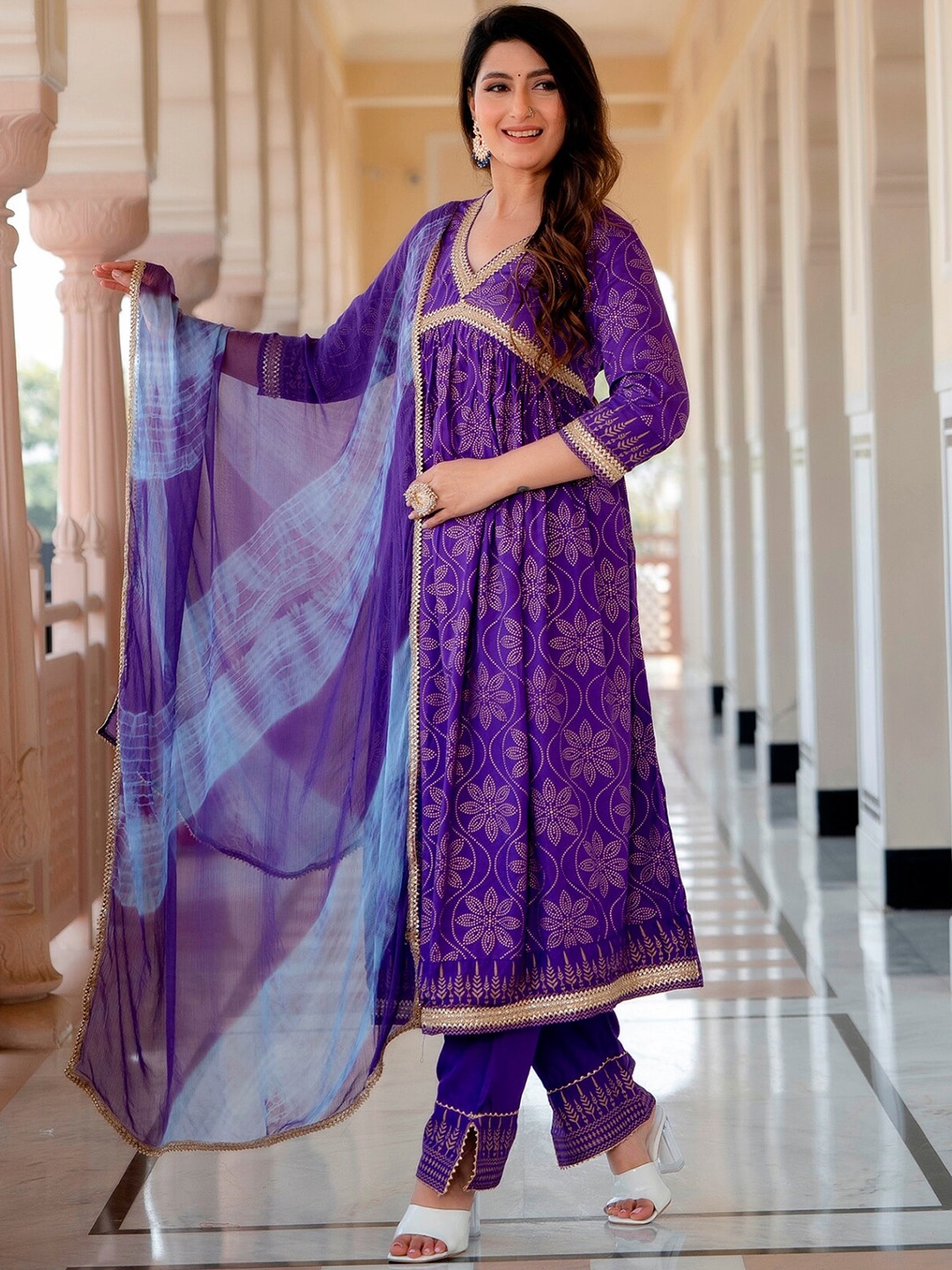 

Prakhya Ethnic Motifs Printed Gotta Patti A-Line Empire Kurta With Palazzos & Dupatta, Purple