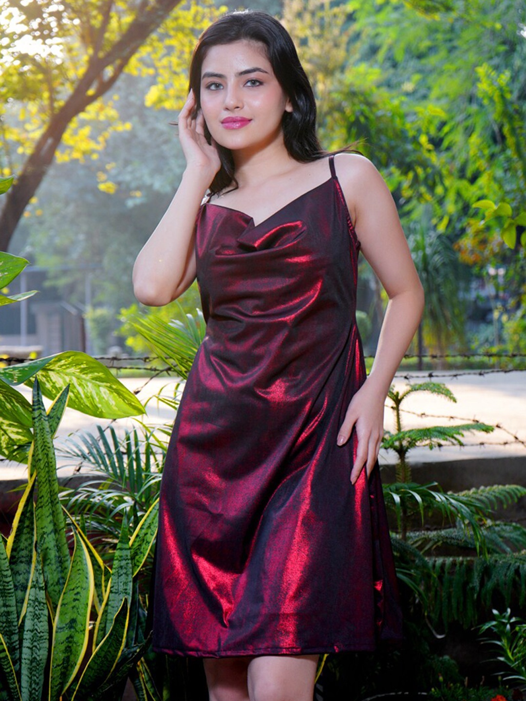

CRAZEVILLA Cowl Neck Shimmer A-line Dress, Red