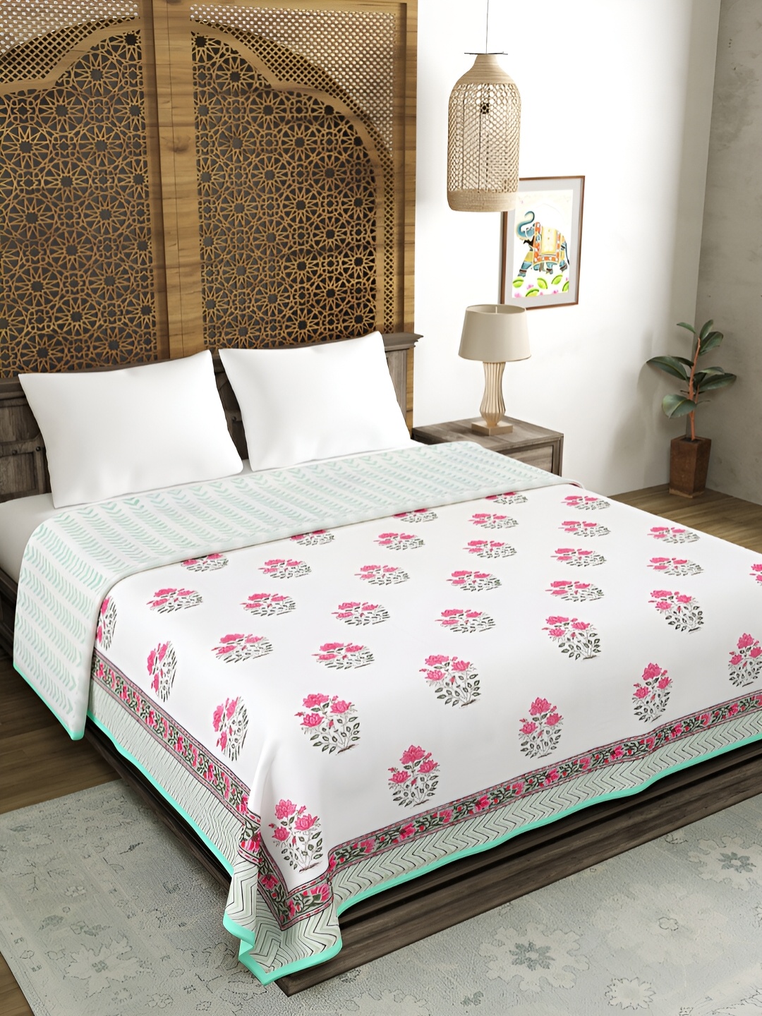 

BLOCKS OF INDIA Green & Pink Cotton Ethnic Motifs AC Room 150 GSM Double Bed Dohar