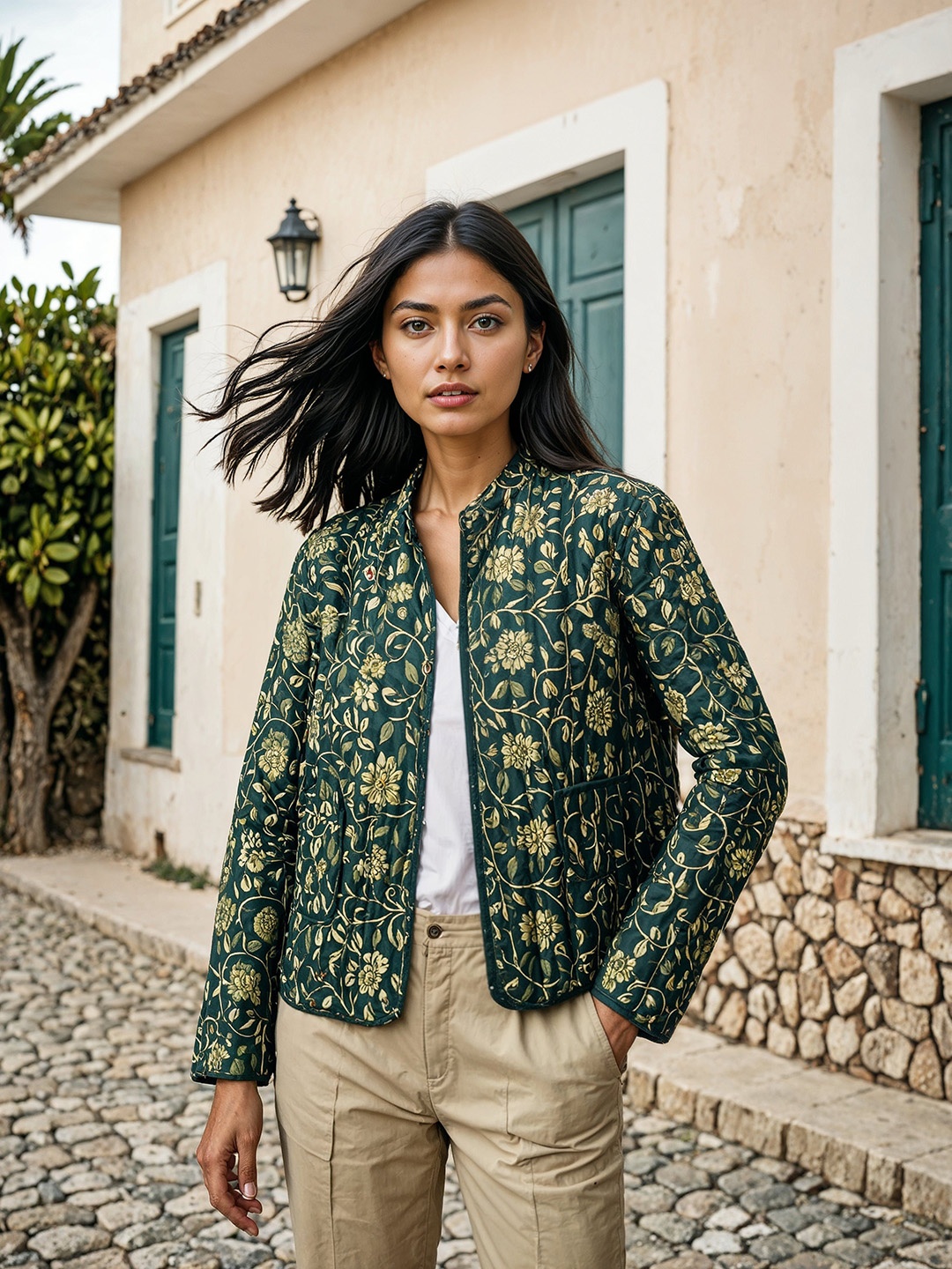 

H&M Cotton Ajrakh Print Light Quilted Jacket, Green