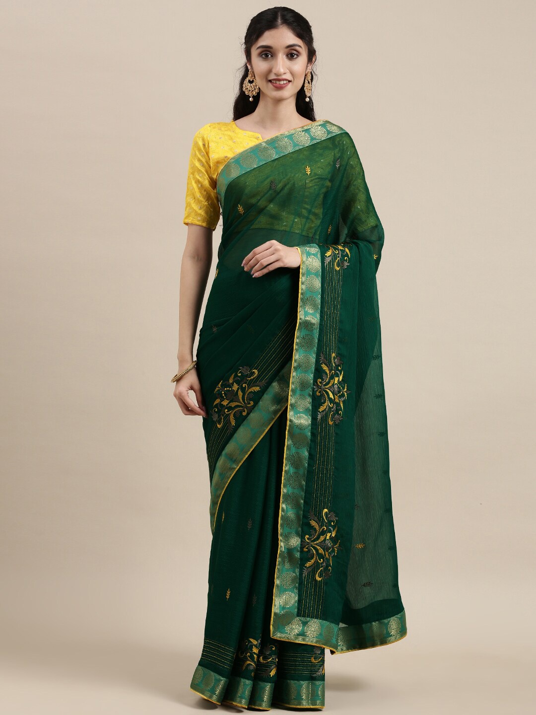 

Shaily Ethnic Motifs Embroidered Chiffon Saree, Green