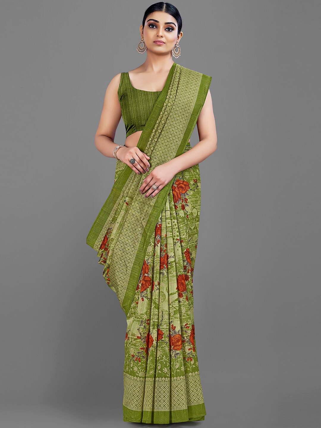 

Shaily Floral Printed Saree, Olive