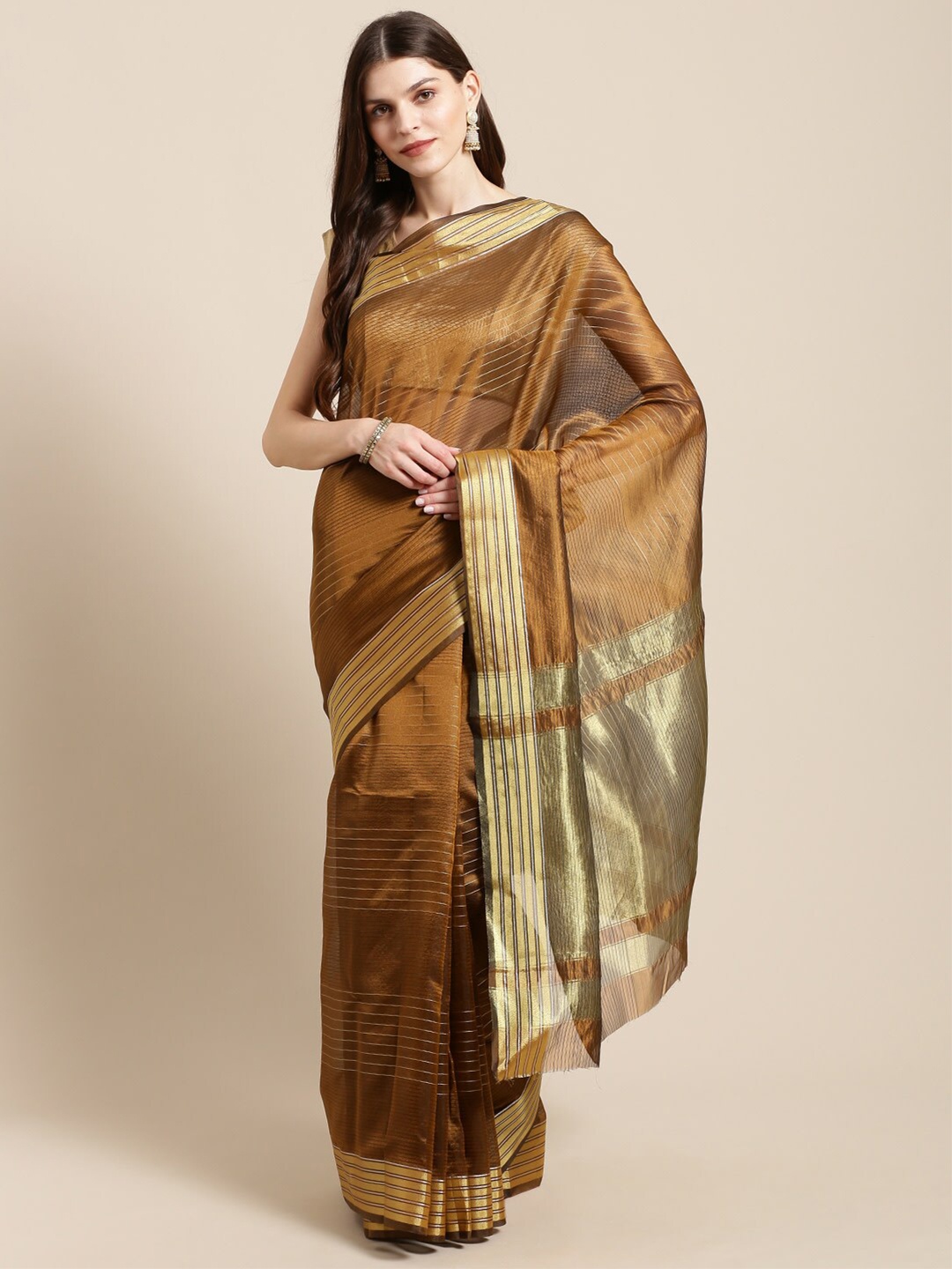 

Shaily Striped Zari Silk Saree, Brown