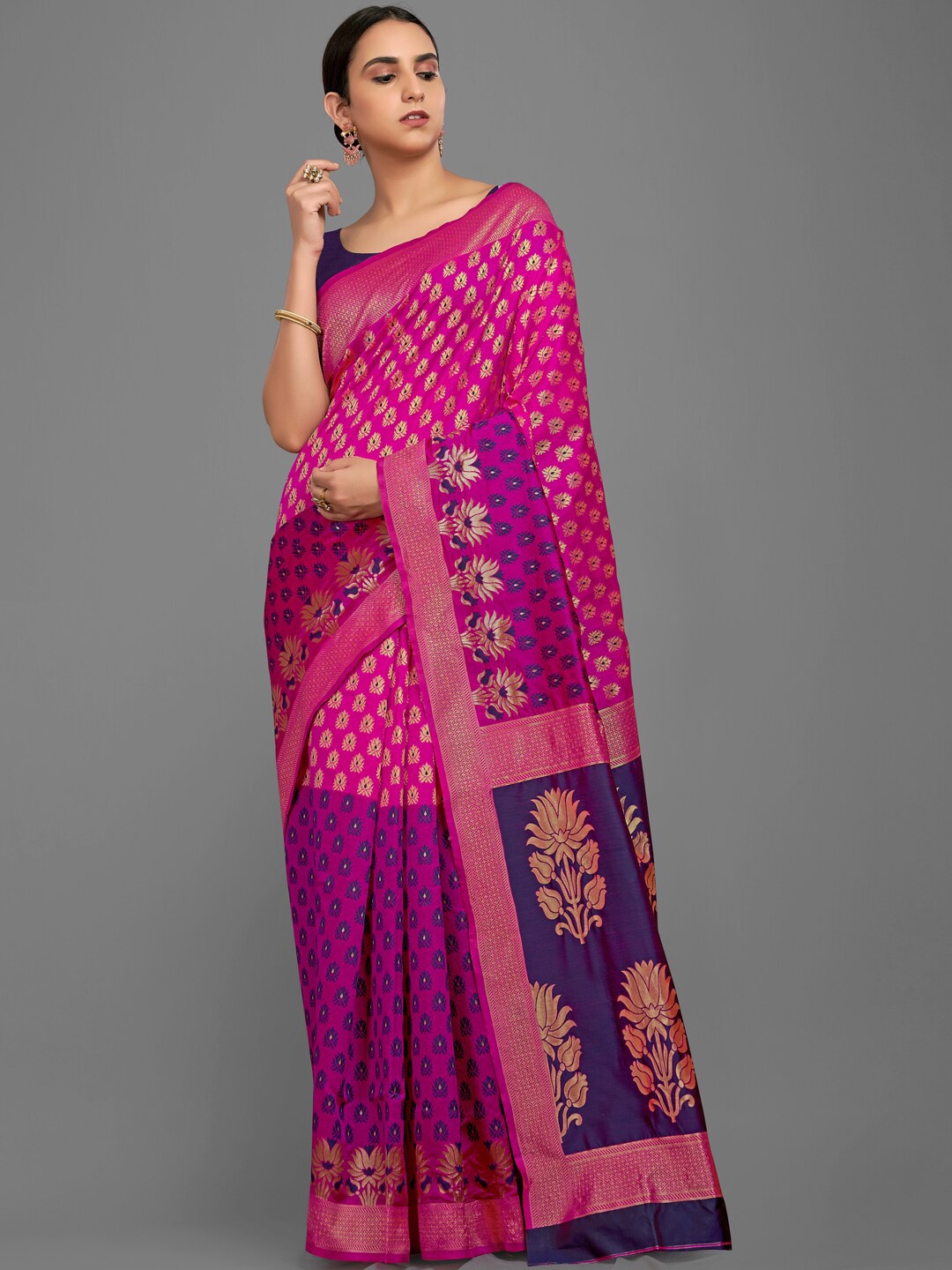 

Shaily Ethnic Motifs Woven Design Zari Saree, Pink