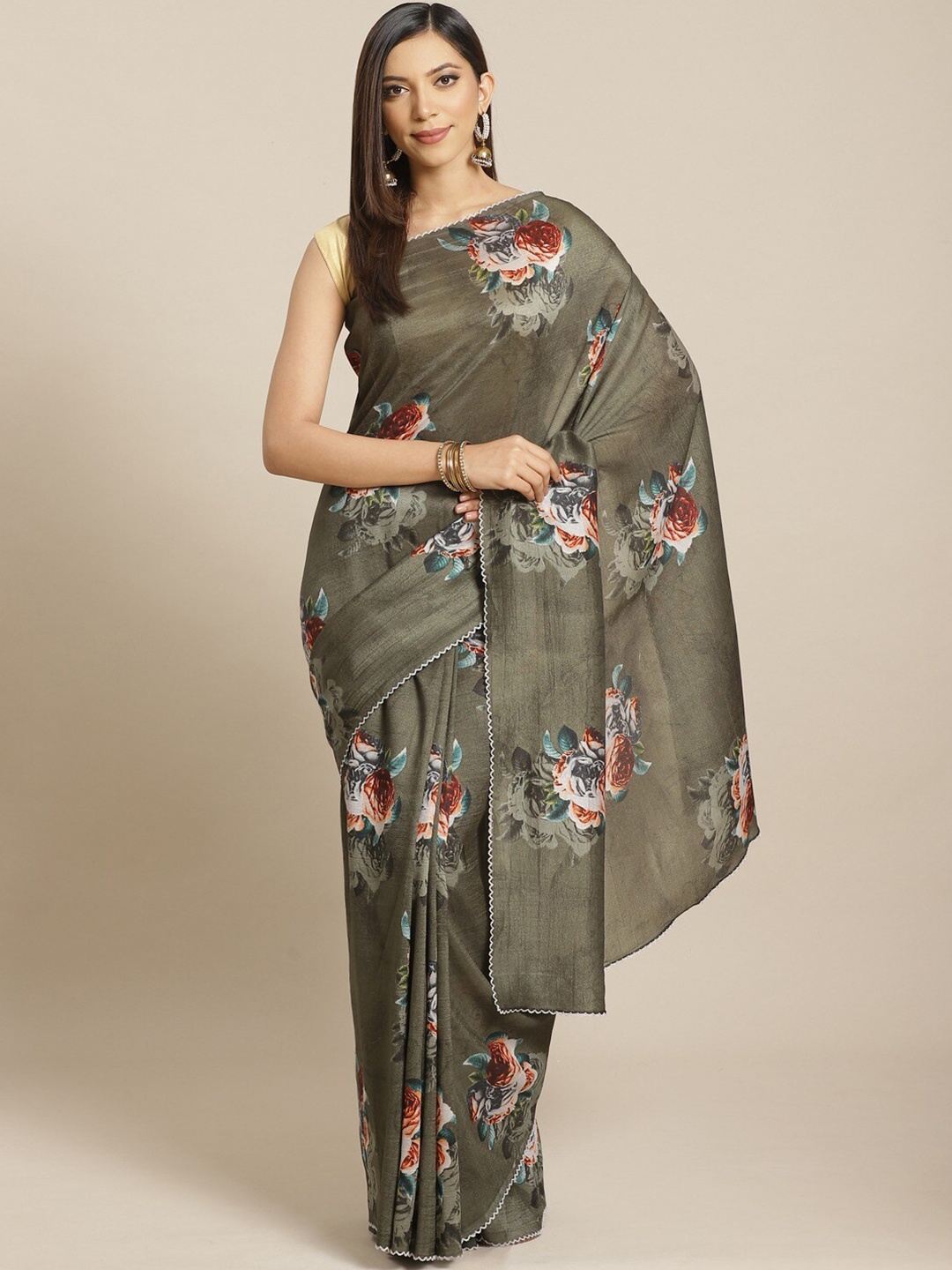 

Shaily Olive Green Floral Printed Saree