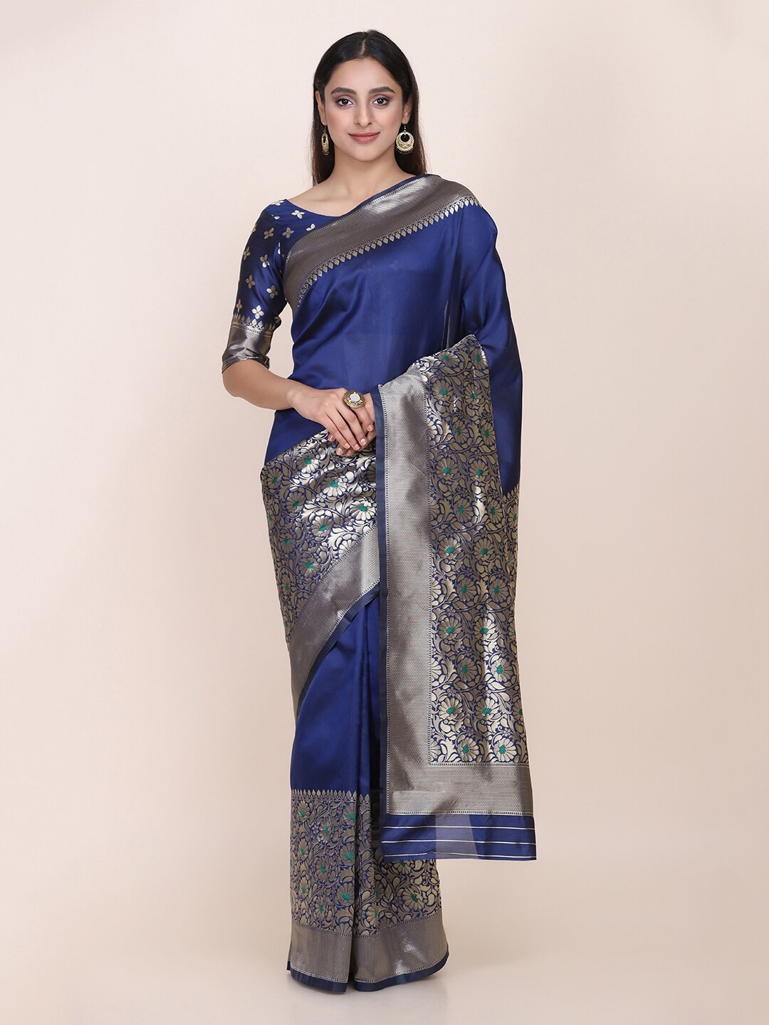 

Shaily Floral Printed Zari Saree, Navy blue